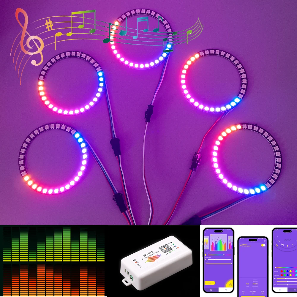 DC5V WS2812B Music Rhythm LED Ring Light Round Module 24/35/45 LEDs Individually Addressable RGB Light with SP107E Controller