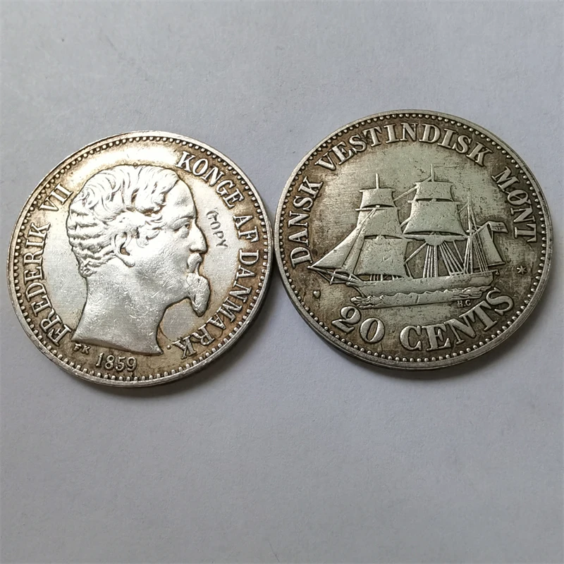 

Копия серебрянной монеты Датская Западная Индия 20 центов 1859 год