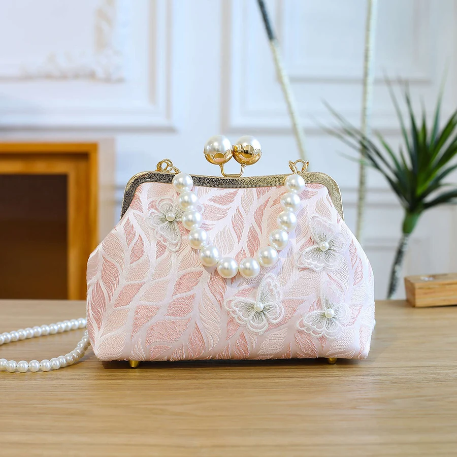 Borse a tracolla da sera eleganti con farfalla in pizzo per donna Borsa a tracolla con catena di perle con clip Borsa a mano casual con conchiglia femminile Bolsa