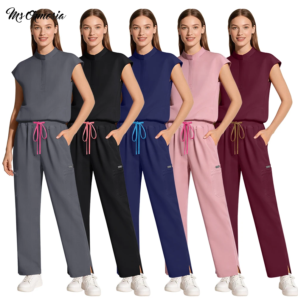 Fashionable Short Sleeve Stand Collar Beauty Medical Uniforms Set Elastic Quick Dry Slimming Surgical Workwear Spa Lab Suit New