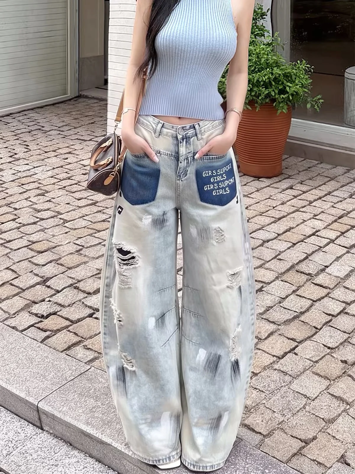 High Waist Wide Leg Pants Women's Summer 2026 New Style Trendy Lacework Draping Long Trousers Knife  Cuffed Jeans