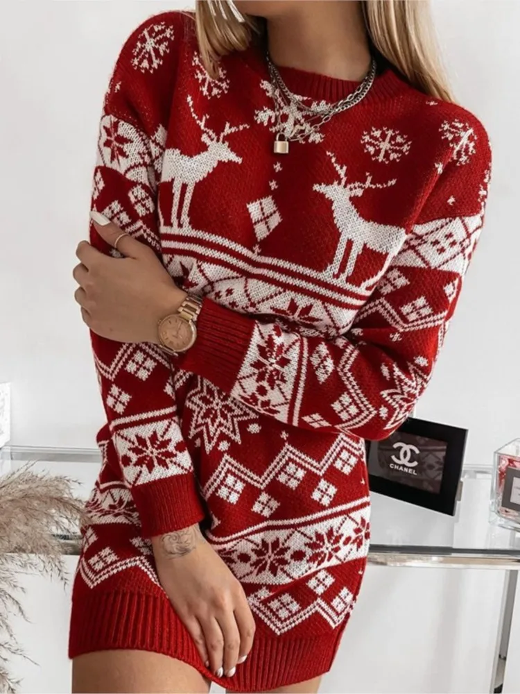 

2025 Winter Casual Elk Sweaters Snowman Snowflake Top Knitted Pullovers Printing Loose Long Sleeves Commuting Christmas Homewear