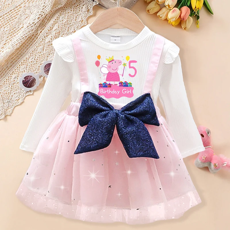 Vestido de Peppa Pig para niña, vestido con lazo, tops para fiesta de cumpleaños, faldas de tul, vestido de manga larga para niños pequeños, lindos vestidos de princesa con pompones