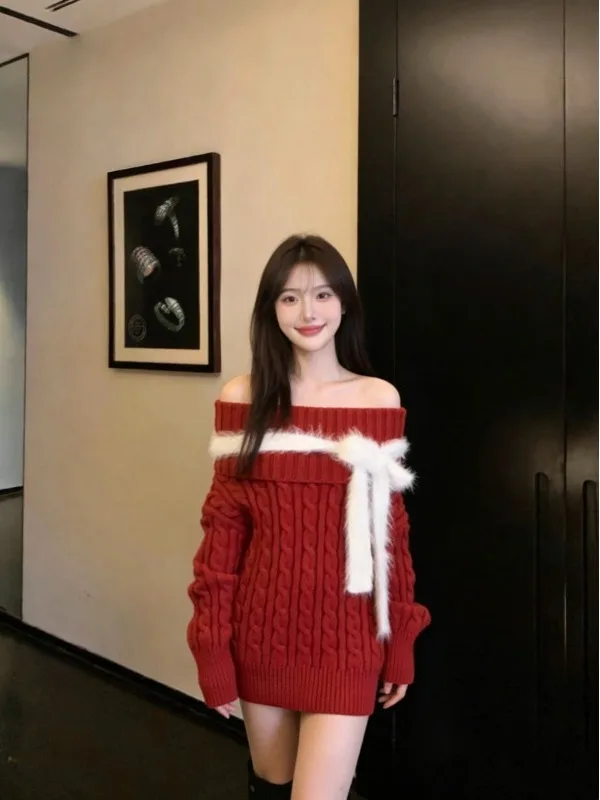 

Свободный вязаный свитер женский, весенняя новинка, повседневный, с узлом, в корейском стиле, стройнящий, модный, с одним открытым плечом