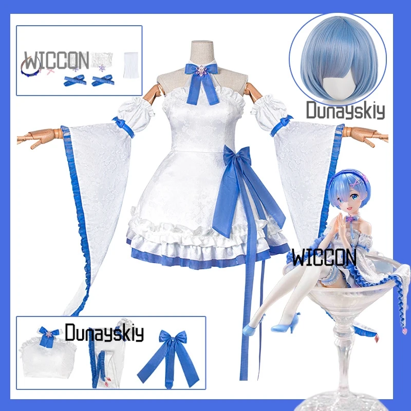 

Re Rem Cosplay Dress - Crystal Blue Maid Outfit with Wig Anime Lolita Style Costume for Summer/Halloween/Convention ZER0