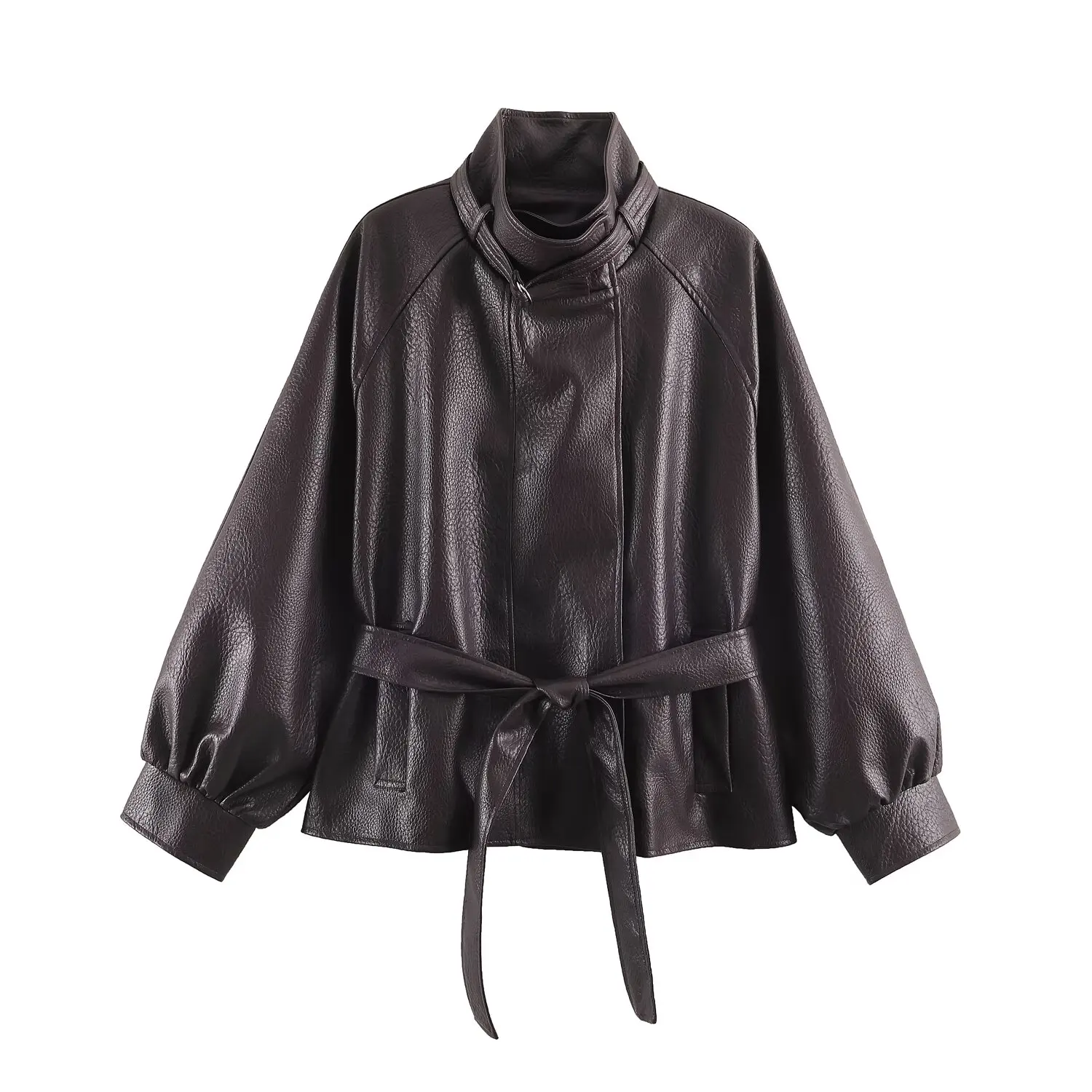 Women Vintage Motorcycle Jacket With Belt Faux Leather Trench Coat Long Sleeve Lapel Zipper Jacket Autumn High Street Outwear