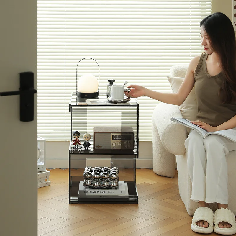 side few gray acrylic small coffee table, modern simple living room sofa, storage table rack