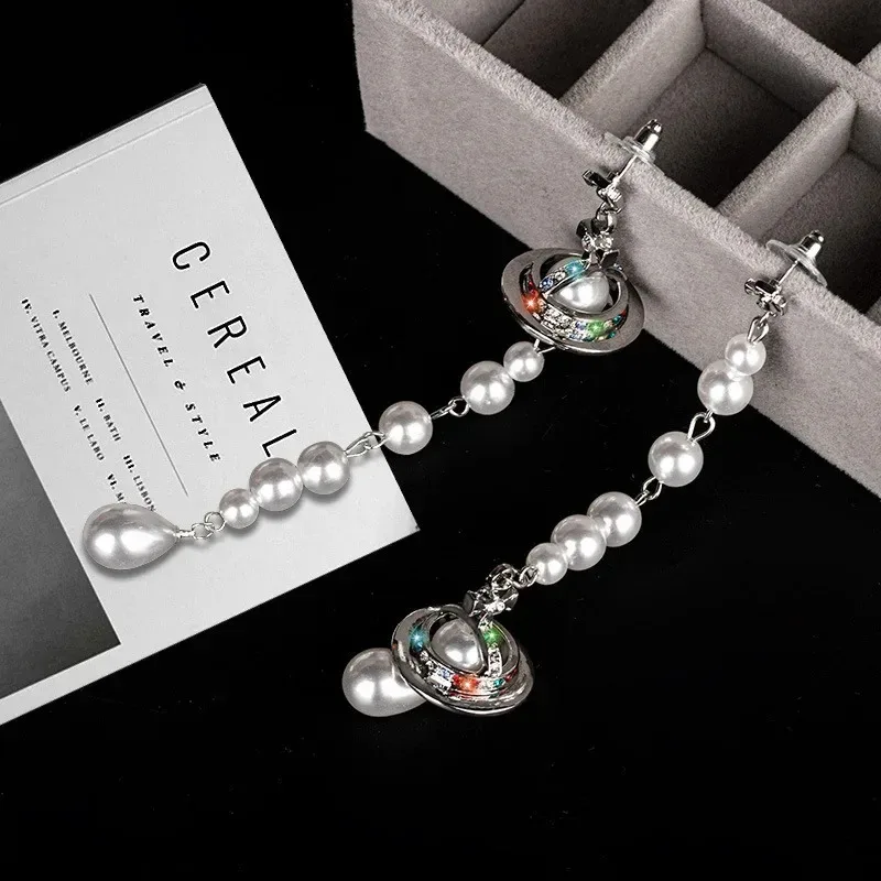 

YISON Fashionable Long Pearl Planet Asymmetric Earrings Luxury Women's Sensation Bell Ear Stud Elegant Jewelry Accessories Gift