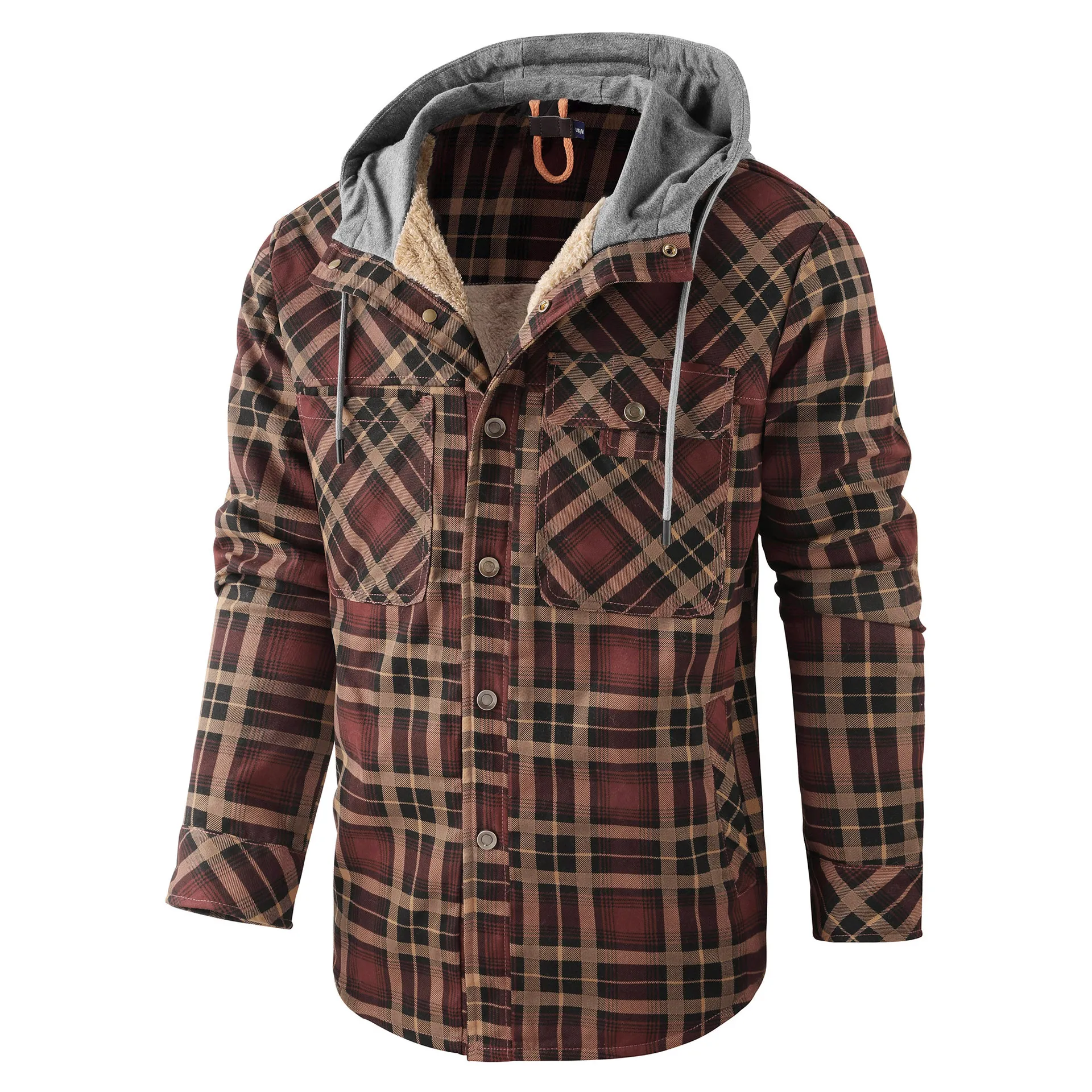 2024US camicia a scacchi da uomo a maniche lunghe più peluche con cappuccio spesso per l'autunno e l'inverno più giacca da uomo in cotone con top