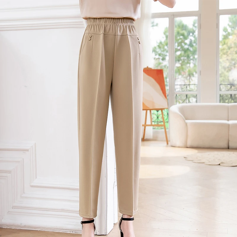 

Casual Women Pants Spring Women Clothing Elastic Waistline Mother Pants Slim Solid Trousers