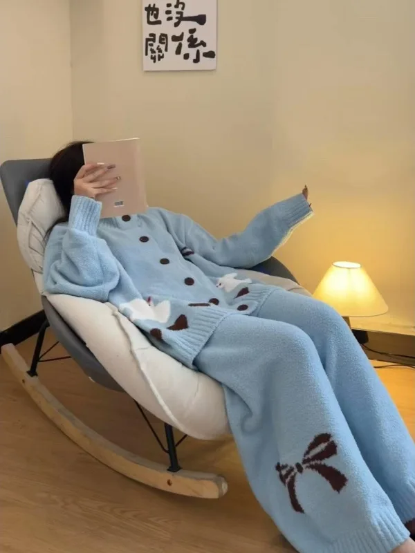 

Thiened f-Fce Pajamas Set for Women Autumn Winter Home Clothes Knitted Cartoon Soft Print Spwear Large Size 300 Po...