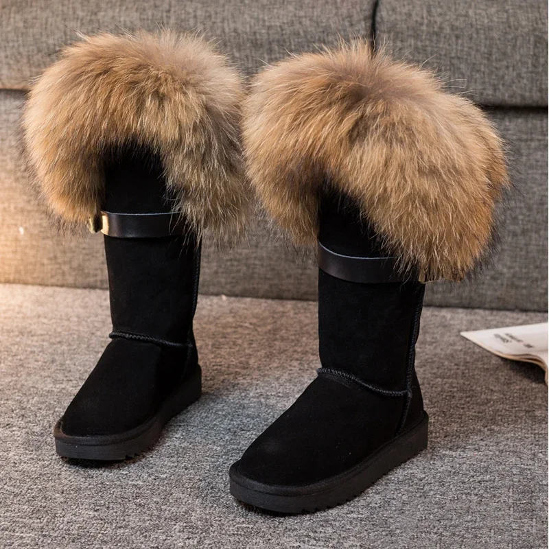 Luxury Winter Women Boots Natural Fox Fur Snow Boots Genuine Leather Mid-calf Boots Cow Anti-slip Waterproof Warm Flat Boots