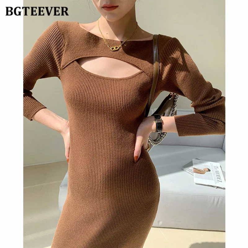 BGTEEVER Elegant Hollow Out Ladies Knitted Package Hip Dress Autumn Winter Slim Waist Long Sleeve Women Sweaters Dress vestidos