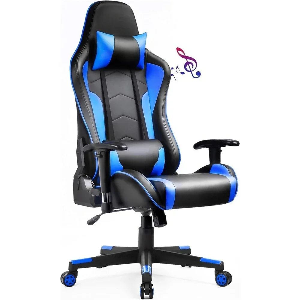 스피커가 있는 게임 의자 블루투스 뮤직 비디오 게임 의자 오디오 인체공학적 디자인 헤비 듀티 사무용 컴퓨터 책상 의자(블루)