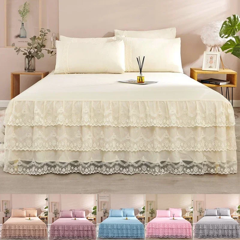 Princess Lace European Style Three-Layer Solid Color Lace Bed Skirt Bedspread Ruffle Bed Mattress Non-Slip Bed Skirt Pillowcase