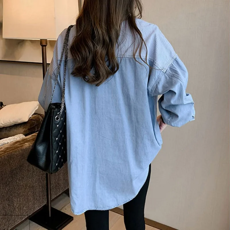 New Fashion Women\'s Denim Shirt Long Sleeve Cotton Loose Blouse Spring Elegant Casual Tops