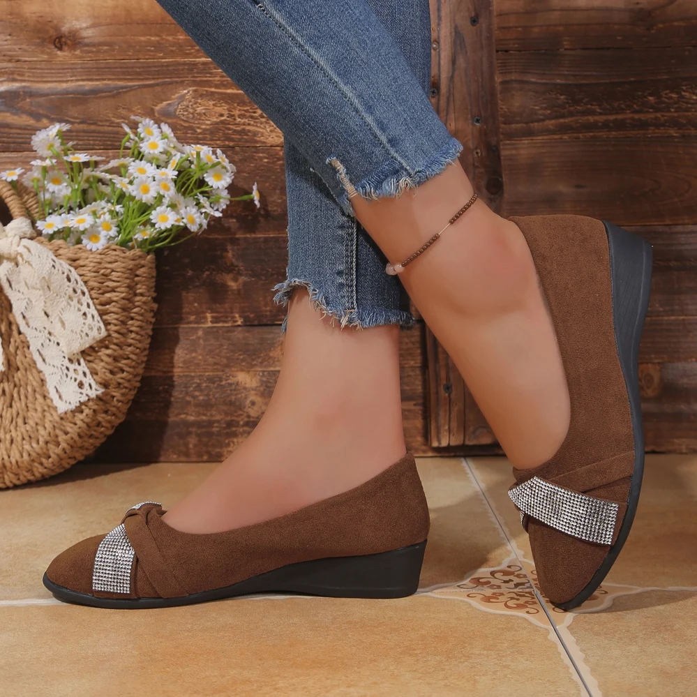 Damen-Keilabsatzpumps mit Strass-Schleife, geschlossener Zehenbereich, Slip-On-Plattform, dicker Absatz, lässige Damenschuhe, große Größen – Detail 23