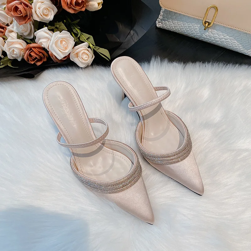 Sharp Pointed Rhinestone High-heeled Women Shoes with Thin Toe Semi Trailing Cool Slipper for Outdoor Comfort Casual Wear Shoes