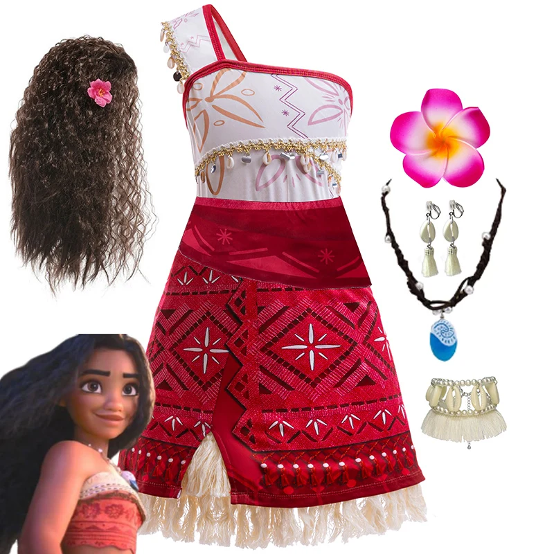 Vestido de princesa Moana 2 de la película más nueva de Disney, disfraz de Vaiana para niñas, vestido con tirantes de un solo hombro y trajes de pollito de cerdo