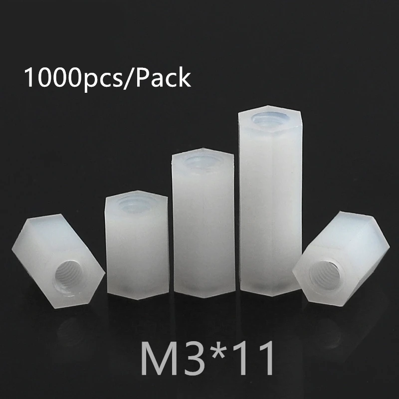 1000pcs M3*11 M3x11 Nylon Standoff Spacer PCB Female Column Flat Head Double Pass Nylon Plastic Thread Screws Hex Long Nuts