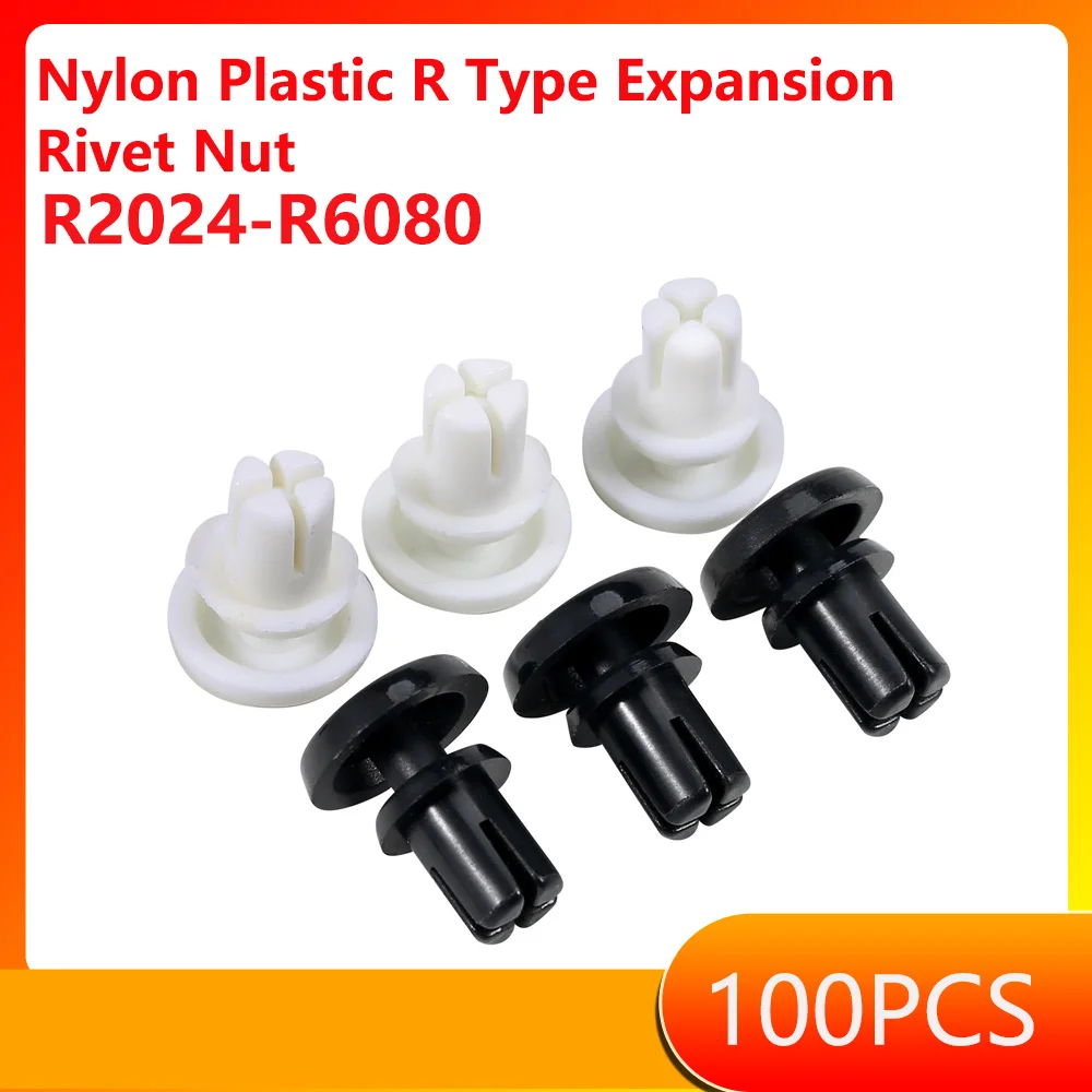 100PCS R2024-R6080 Black/White Black White Nylon Plastic R Type Expansion Rivet Nut Buckle Clip PC Board Rivet Fastener