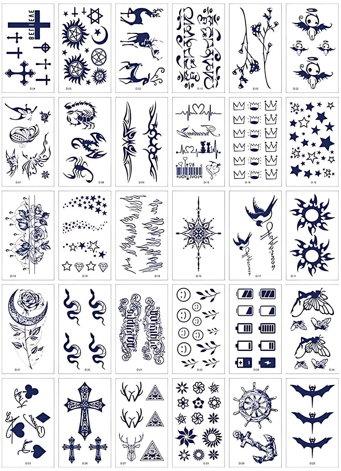 Petits tatouages temporaires semi-continu pour hommes et femmes, 30 pièces/ensemble, faux jus de plantes, totem papillon croisé, tenue de 1 à 2 semaines