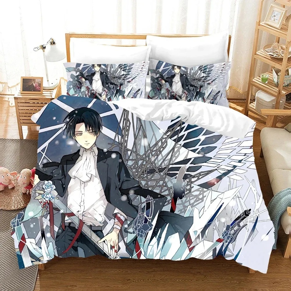 Juego de cama con estampado 3D de Anime Attack On Titan AOT, funda nórdica doble, Queen King, ropa de cama para niños y adultos, funda de edredón