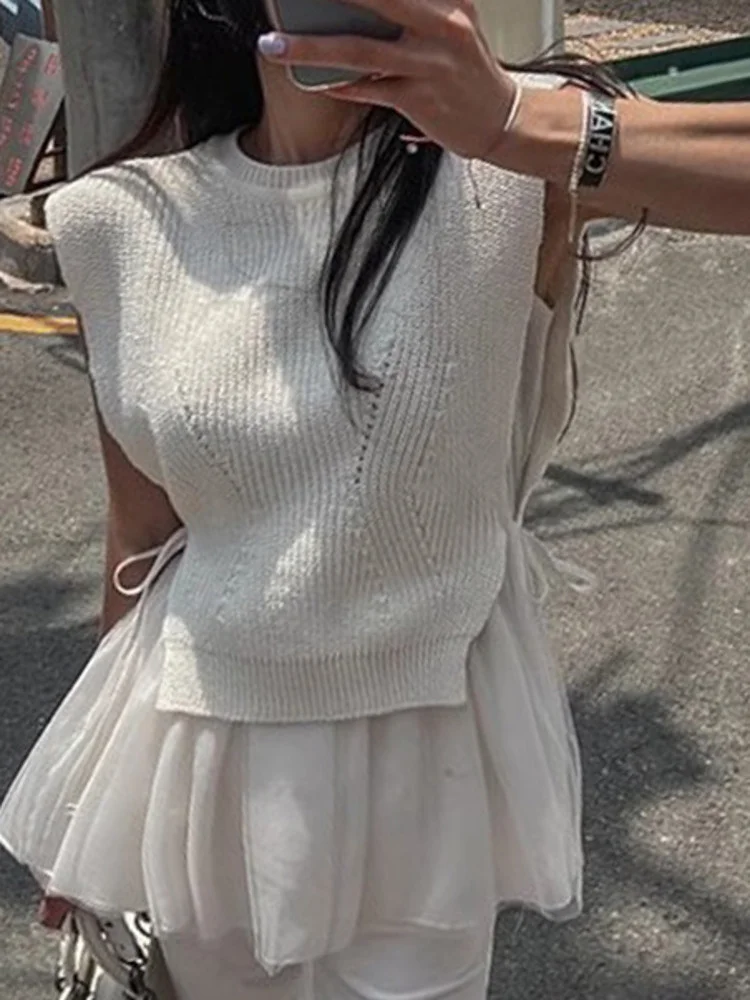 

Women Mesh Ruffle Vest+ O Neck Tied Bow Knit Tank Top 2023 Summer New Tide Elegant Female Fashion Two-piece Suits Y996