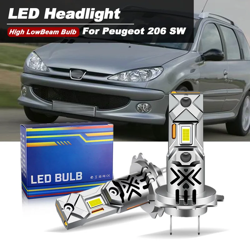 2PCS CANbus 20000lm Headlight Bulbs LED H1 High H7 Low Beam Lamp Auto For Peugeot 206 SW Year 2006 2007 WHite 12v