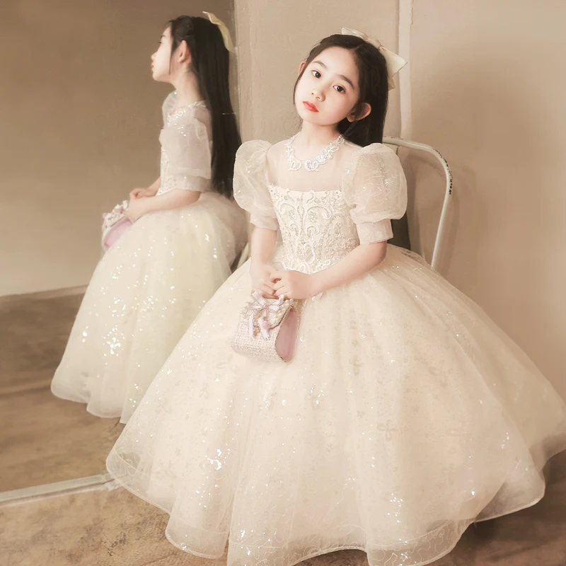 Champagne Beauty Pageant Dresses for Little Girl Kids Weddings Birthday Party Luxury Evening Gowns Children Cute Christmas Dress