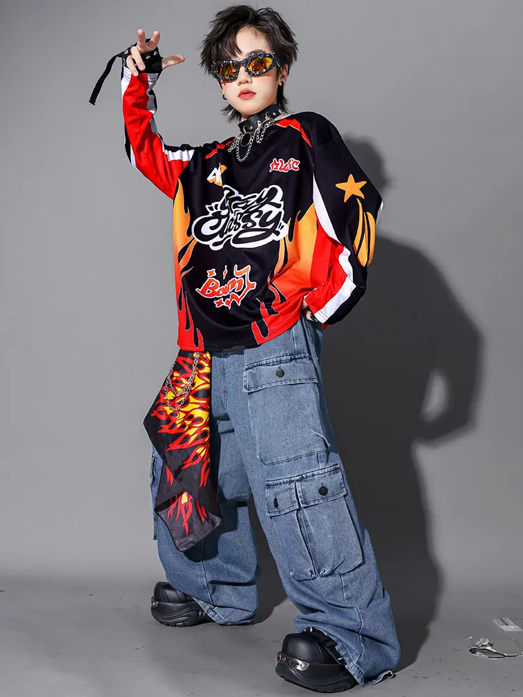 Kinder-Streetdance-Auftrittsoutfit Jungen Hip-Hop Denim-Kleidungsset Atmungsaktive Polyesterfaser Rundhals-Print-Design – Detail 19