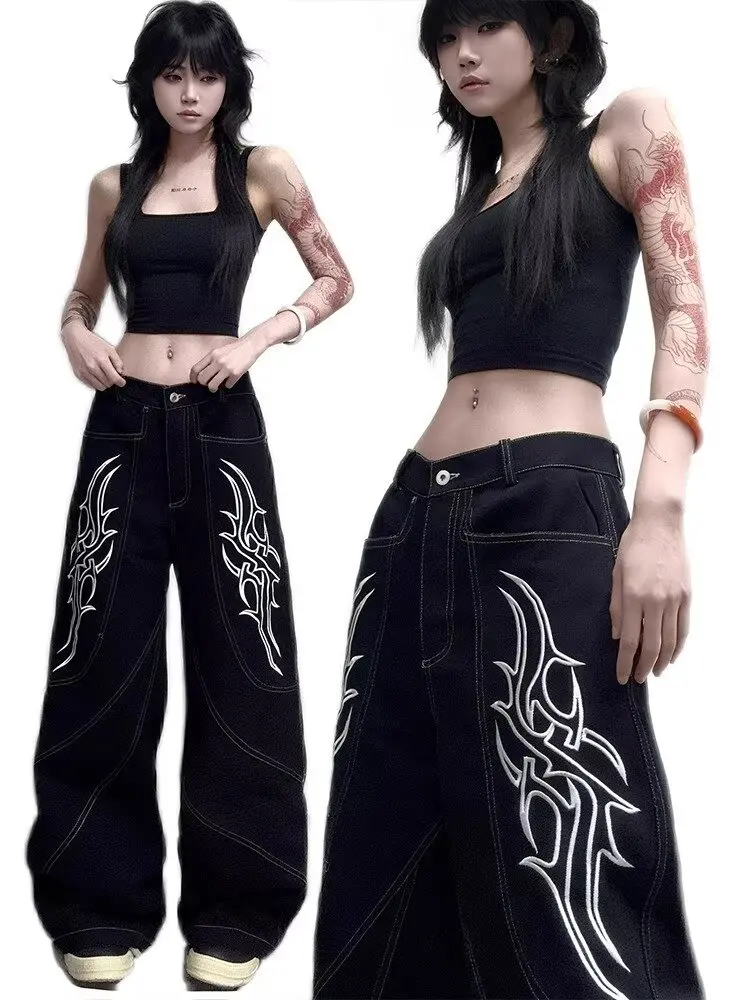 Embroidery Flame Structure Baggy Jeans Women Streetwear Harajuku Hip Hop Jeans Black Loose Wide Leg Denim Pants