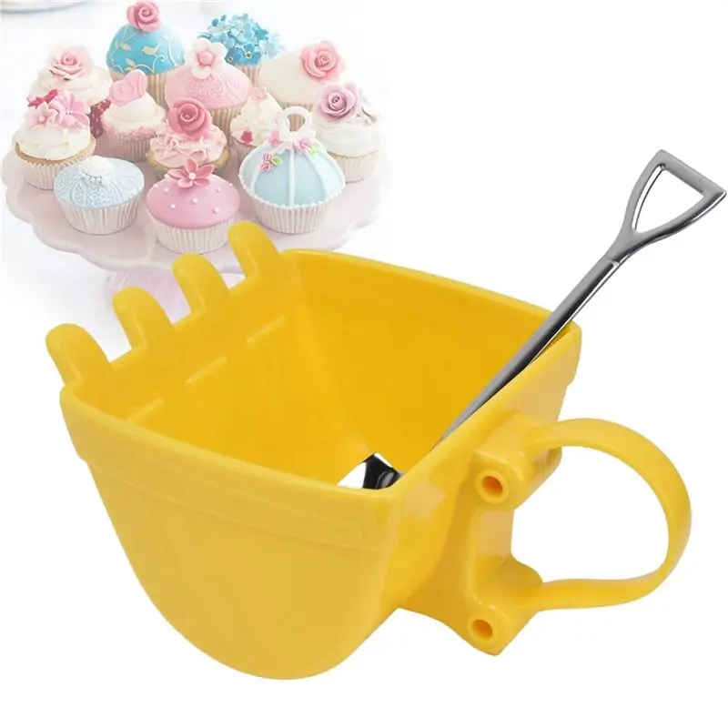 T19C 2X Coffee Cup Excavator Bucket Cup With Shovel Spoon Creatives Tea Cup Milk Coffee Cup Birthday Gift Yellow