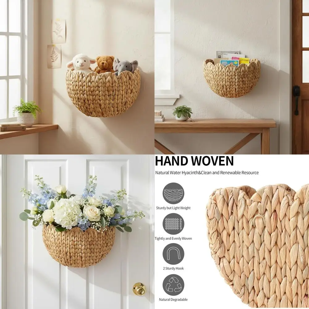 

Плетеная настенная корзина, настенная корзина с фестончатым краем или декор для дома и органайзер, плетеные подвесные корзины для хранения из водного гиацинта или для входной двери, M