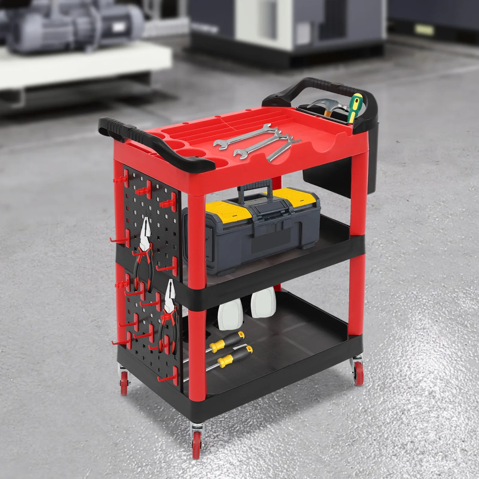 3-Tier Rolling Tool Cart, 300lb Capacity with 4 Swivel Wheels, Storage Organizer for Garage/Workshop, Includes Tool Basket