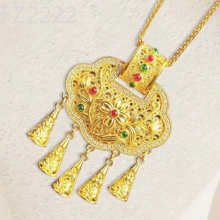 Trend ancient gold collar tassel point diamond thousand gold lock pendant safety lock gold filament concentric lotus necklace