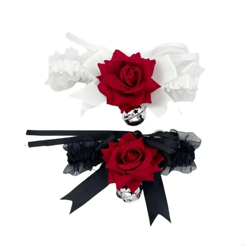 

49MF Punk Lace Chokers Gothic Bowknot Rose Necklace with Bells Stretch Collar Chokers Necklace for Halloween Costume Parties