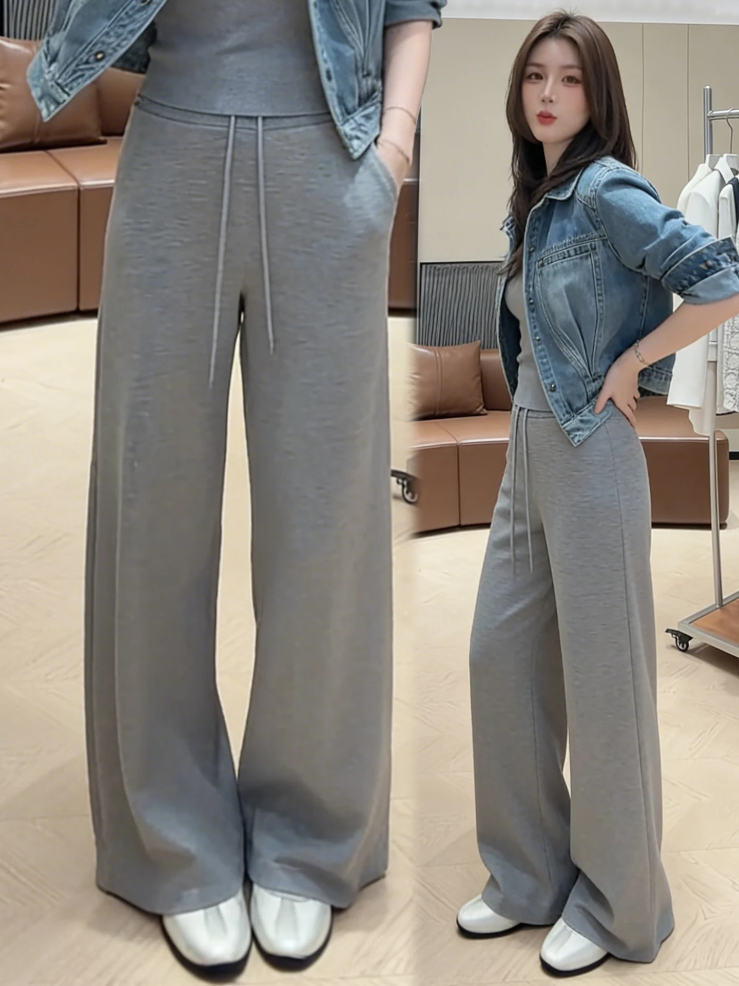 

Grey High Waist Wide Leg Sports Pants Women's Spring Autumn Loose Casual Flared Pants Straight Cut Slimming Trousers