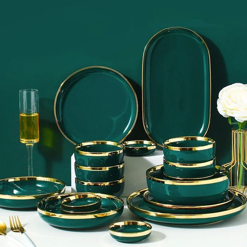 Luxury Gold Rimmed Dishes Plates Set Ceramic Vintage Peacock Green Porcelain 26pcs Dinner Set Dinnerware For 6 People