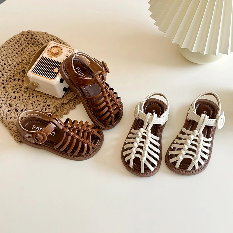 Summer Children Woven Princess Shoes Baby Girls Sandals Kids Beach Sandals Soft Sole Non-slip Infant Casual Barefoot Shoes