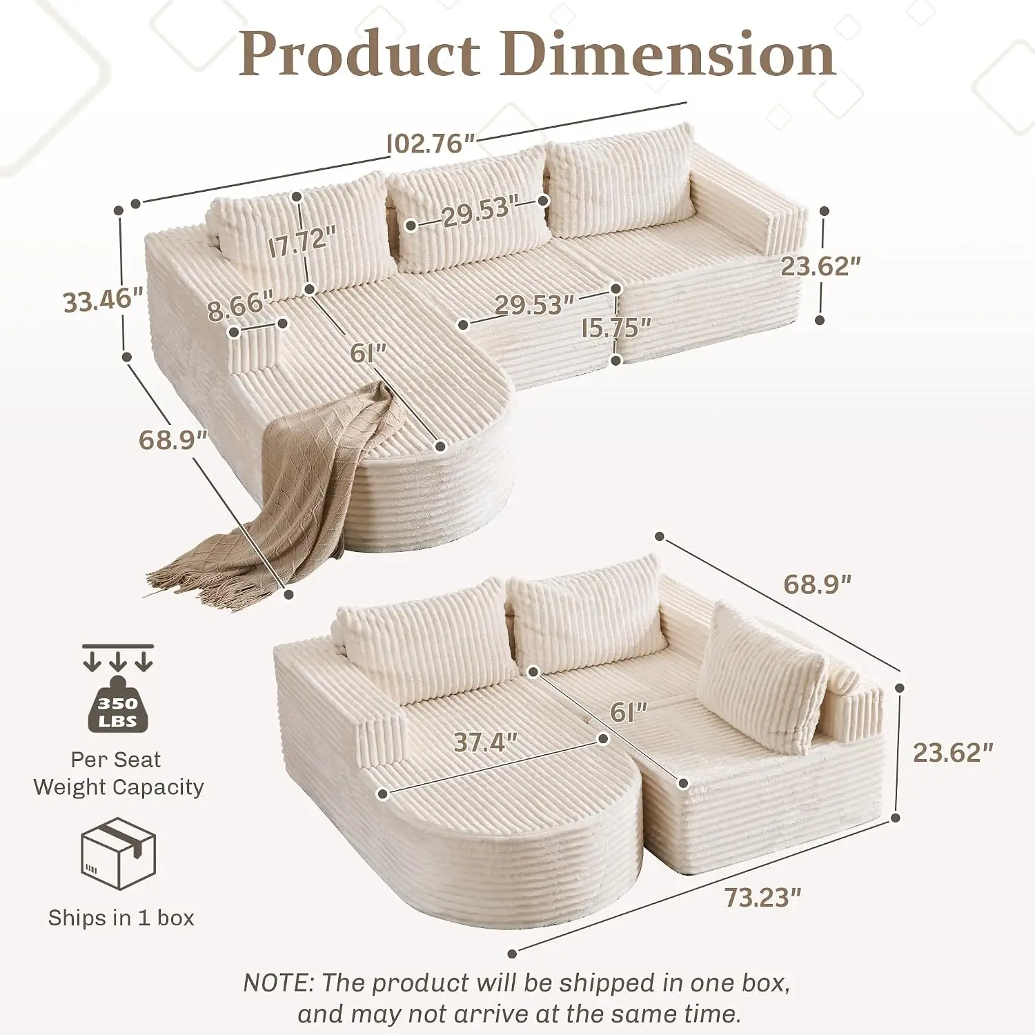 Oversized Modular Sectional Sofa with Chaise, Deep Seat Corduroy Convertible Couch for Living Room, No Assembly, Customized