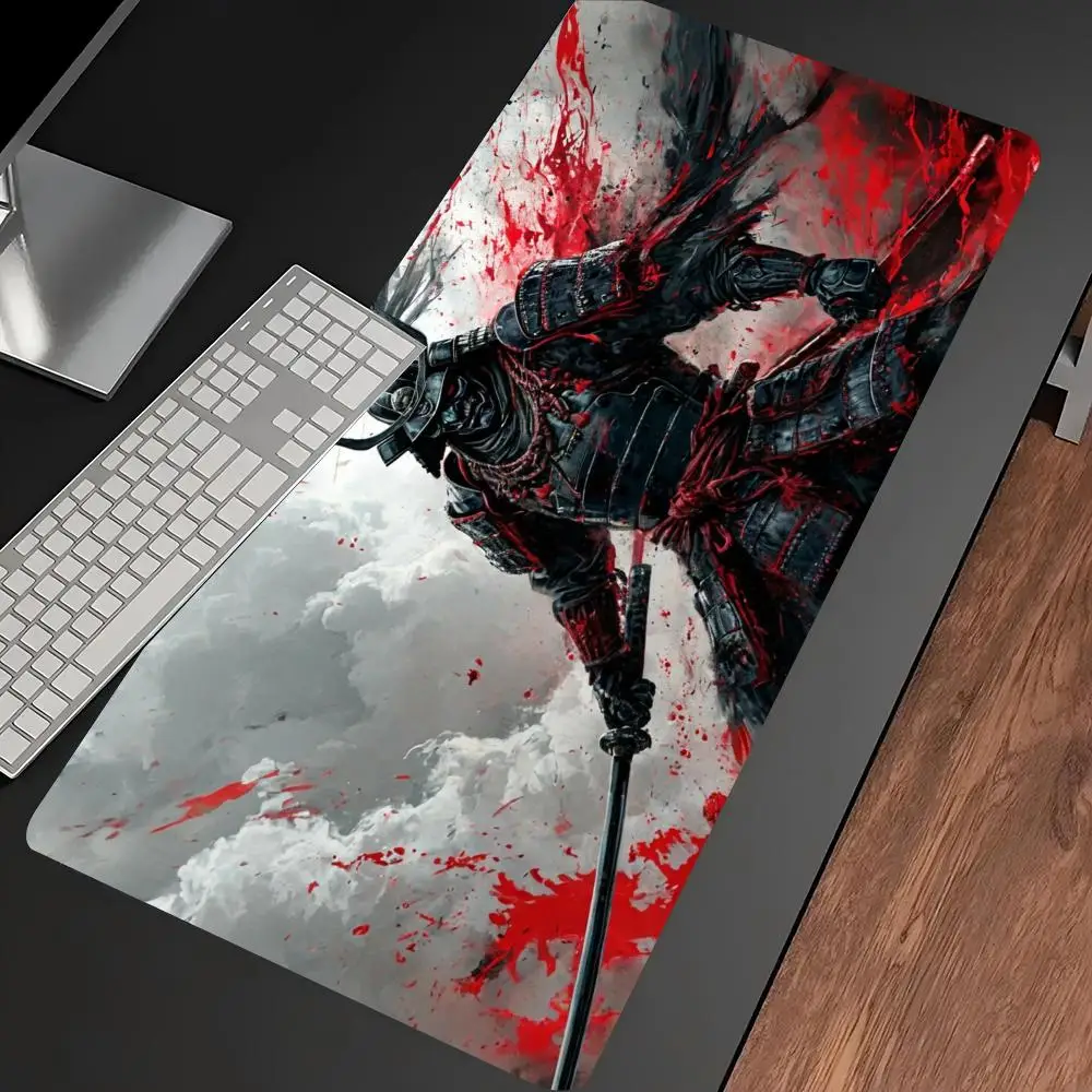 Vintage Japanese Samurai Ink Art Large Gaming Desk Mat Non‑Slip Rubber Stitched Edges HD Print Keyboard Mouse Mat for PC Laptop
