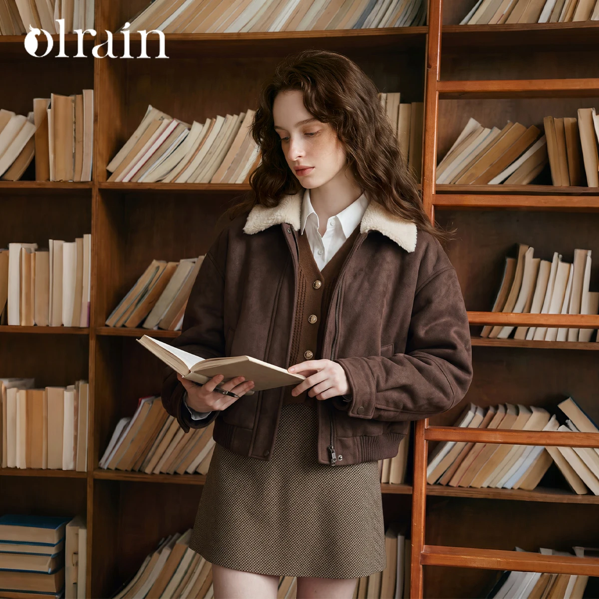 OLrain women's clothing 2026 autumn and winter new French temperament versatile coffee color contrasting fur c GO58QW011061