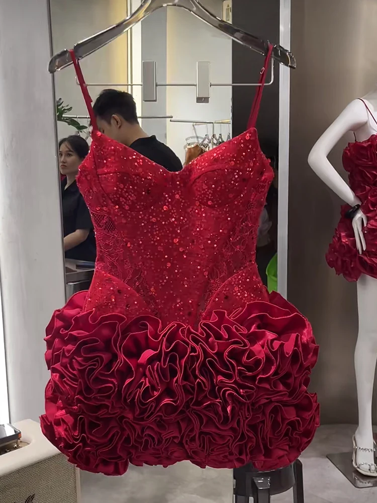 

Элегантное кружевное вечернее платье с пайетками и бретелями-шнуровками для женщин: роскошное, модное, с высокой талией, на молнии