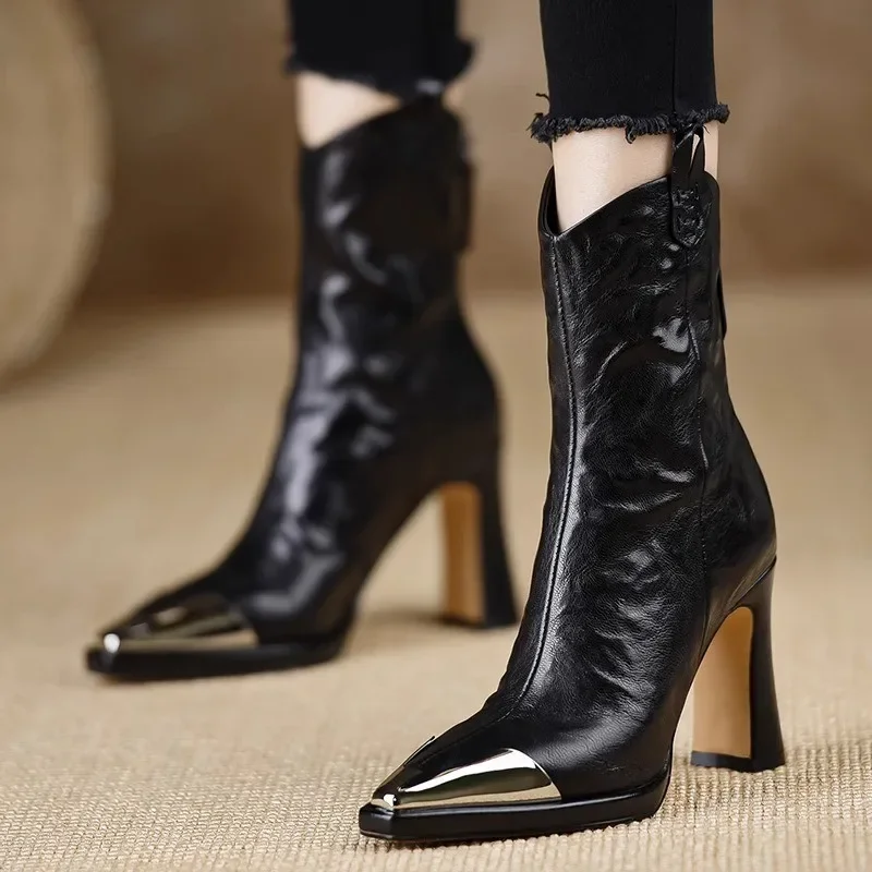 2024 New Metal Square Toe Ankle Boots for Women Fashion Patent Leather Women's Shoes Botas Mujer High Heels Shoes Women Zapatos