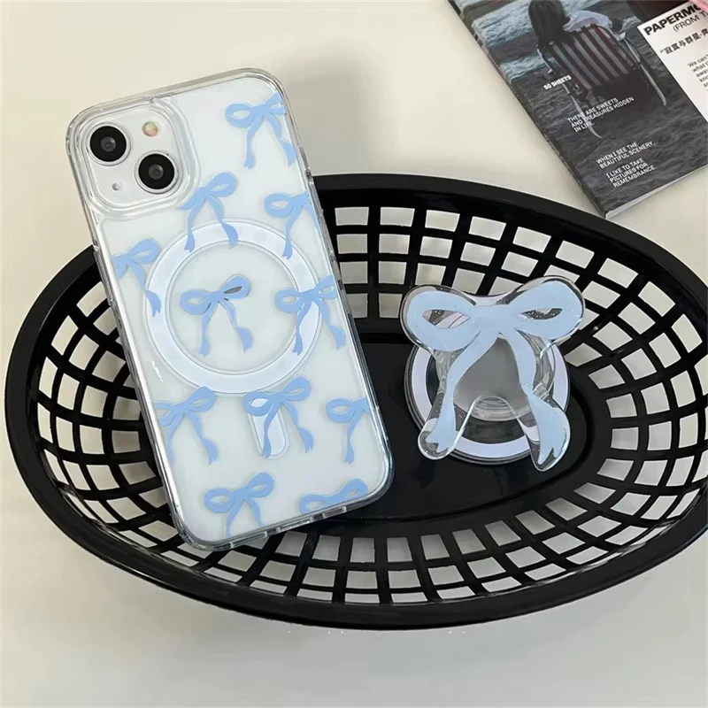 Cute Pink Blue Bowknot For Magsafe Magnetic Phone Griptok Grip Tok Stand For iPhone Foldable Wireless Charging Case Holder Ring