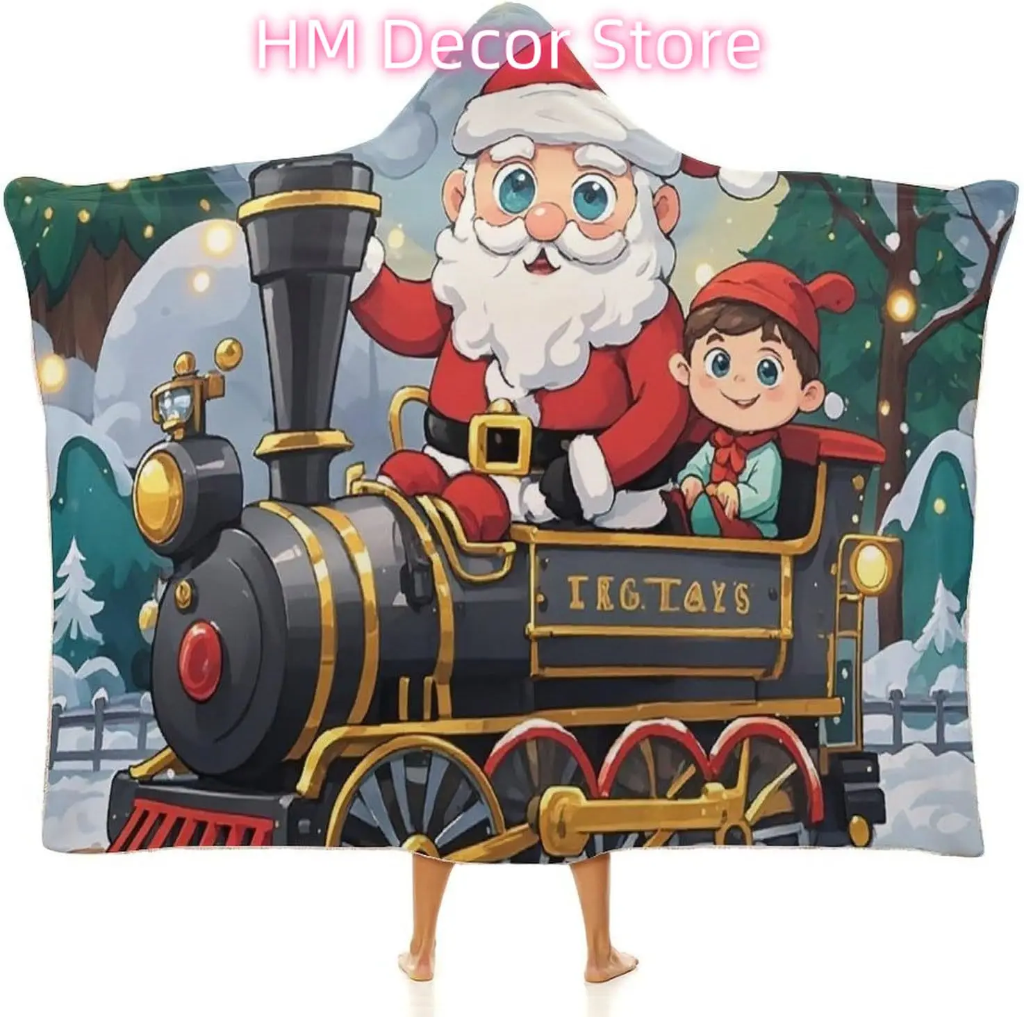 Christmas Train Wearable Hooded Blanket, Ultra Soft Arctic Velvet Cape Cloak Unisex - Cozy Wearable Blanket