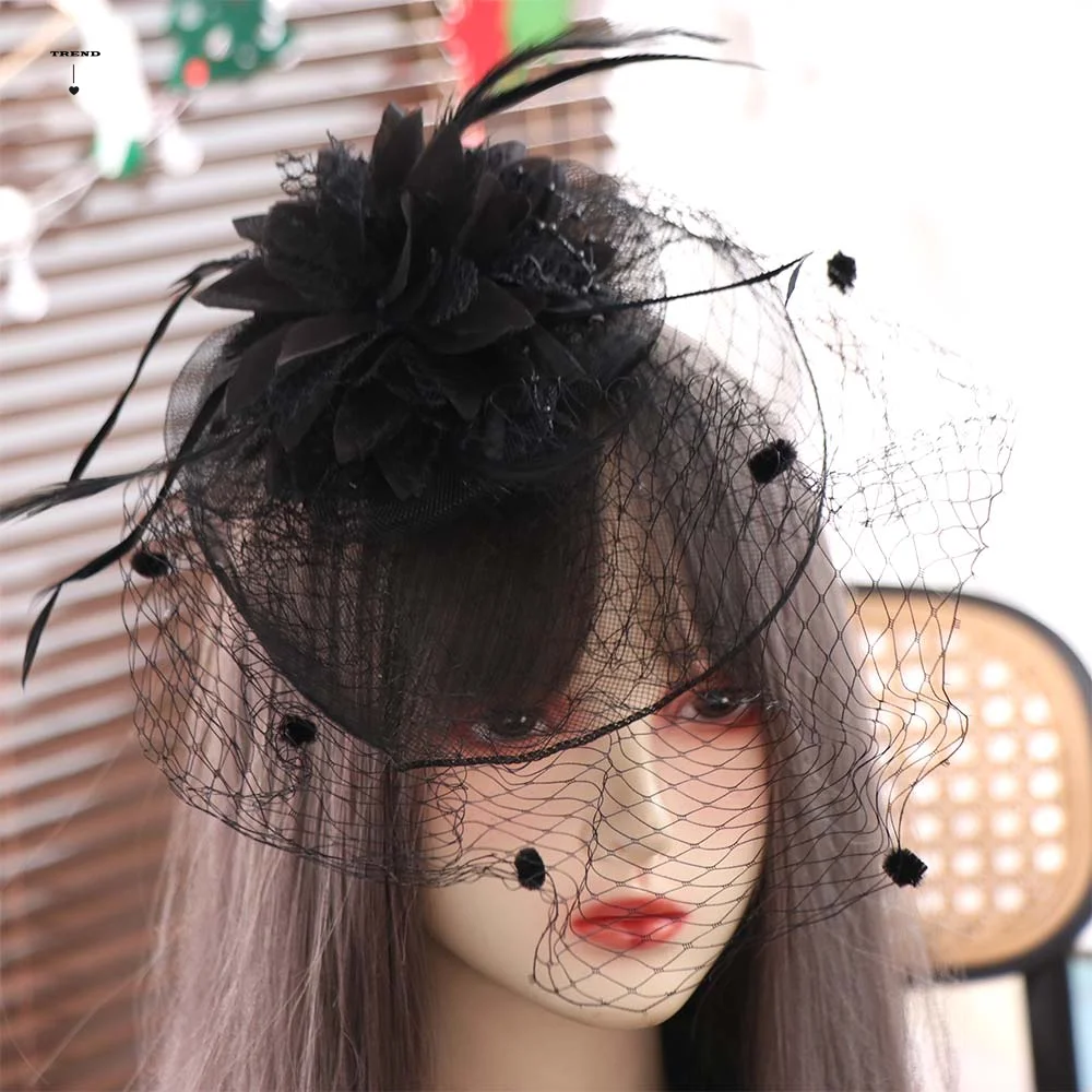 

Элегантная французская свадебная фата-ободок в стиле Хепберн с перьями, цветами и сеткой для лица, аксессуар для волос