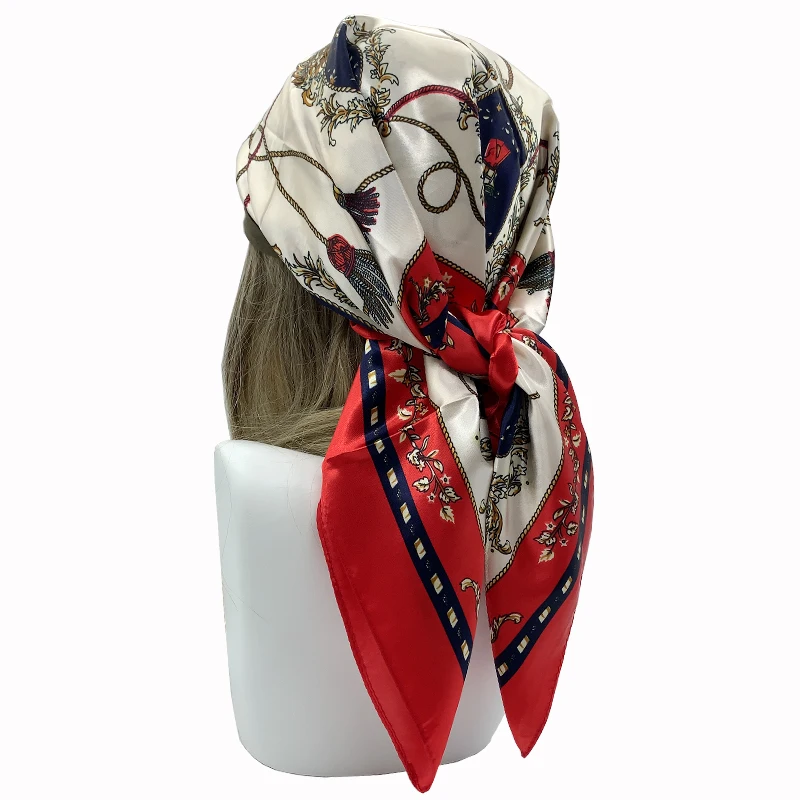 90*90cm Platz Silk Schals Frauen Hijab Schals Mode Druck Kopftuch Femme Kopf Schal Foulard Bandana Strand Pareo – Detail 7