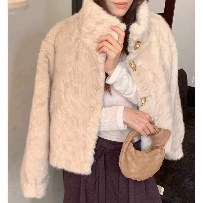 

Women's Cotton Jaet Autumn Winter ort Sle Stand Collar PU Leather Splicing Fluffy ort Top Commute Sle Long Sve